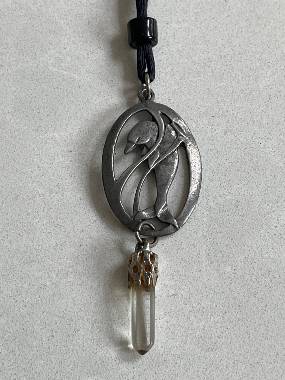 Artisan Crafted Silver Dolphin Pendant Necklace with Clear Crystal on black cord